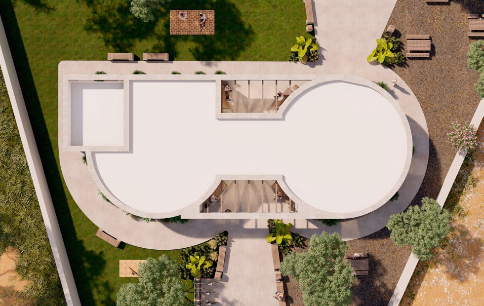 The plan from above — the architect derived the building's shape from the binoculars. The same move: from material to language